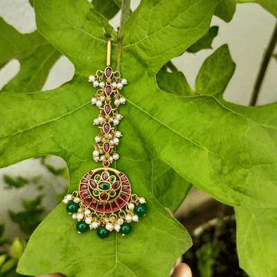 Oval Shape Ruby and Green Kempu Tikka