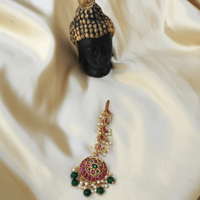 Oval Shape Ruby and Green Kempu Tikka
