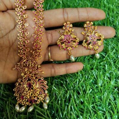 Leaf Design Ruby Bridal Combo Jewellery Set