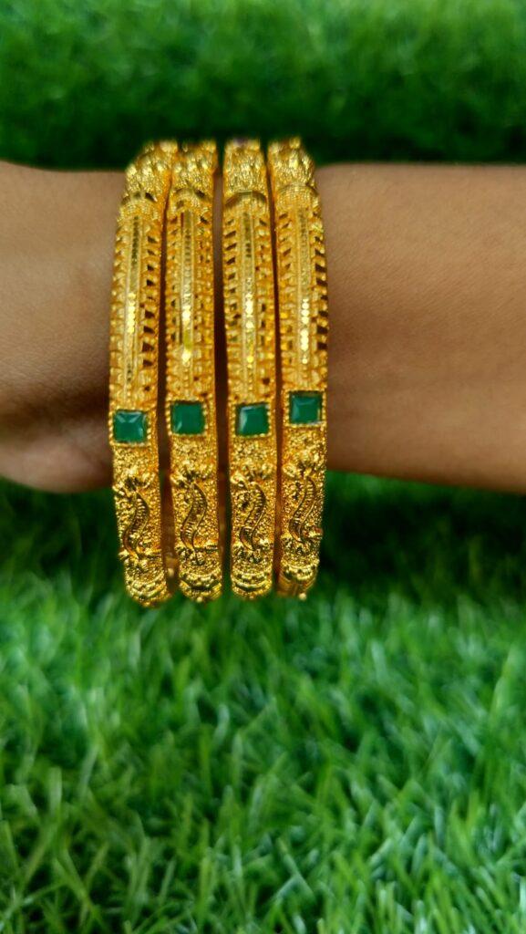 Gold Plated Bangle With Green Stone