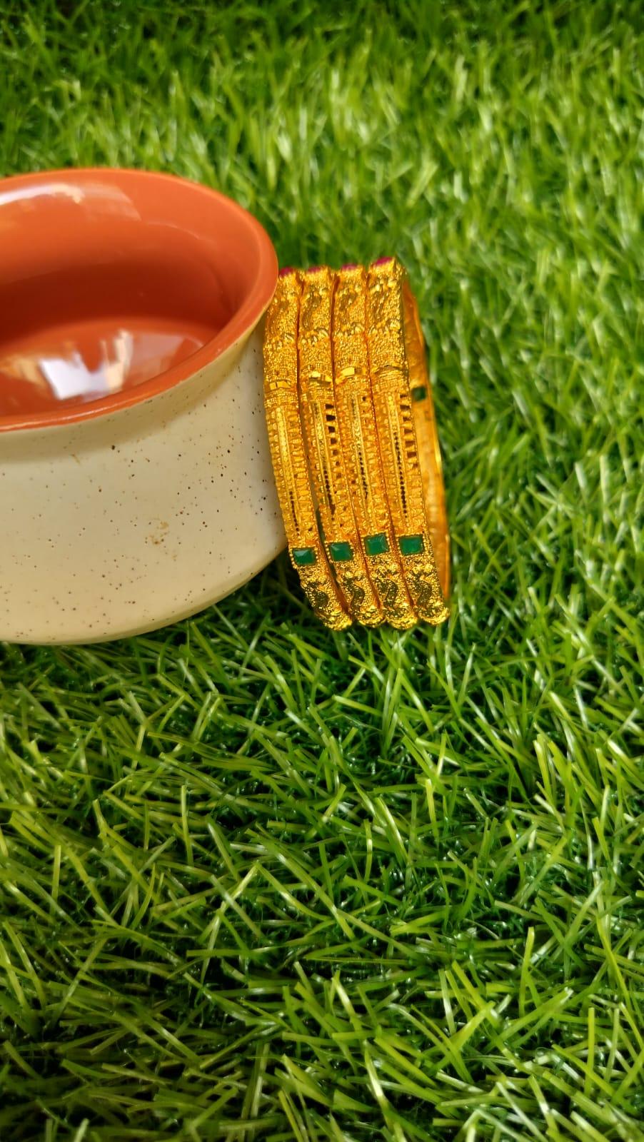 Gold Plated Bangle With Green Stone