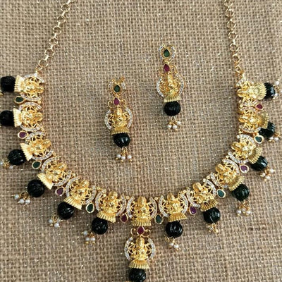 CZ Laxmi Necklace with Green Pumpkin Beads