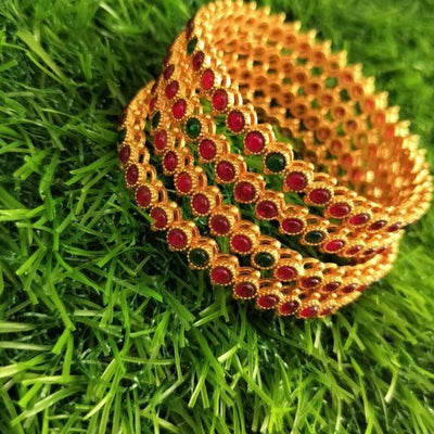 Ruby Red & Green Stoned Gold Plated Bangles