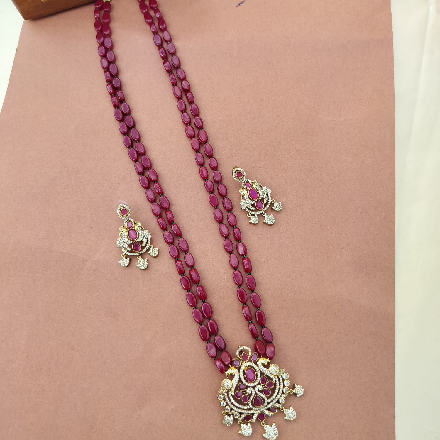Red Victorian Monalisa Mala Set With A Peacock Pendant