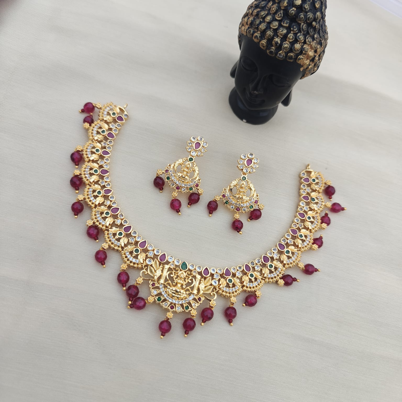 CZ Laxmi Necklace with Ruby Beads