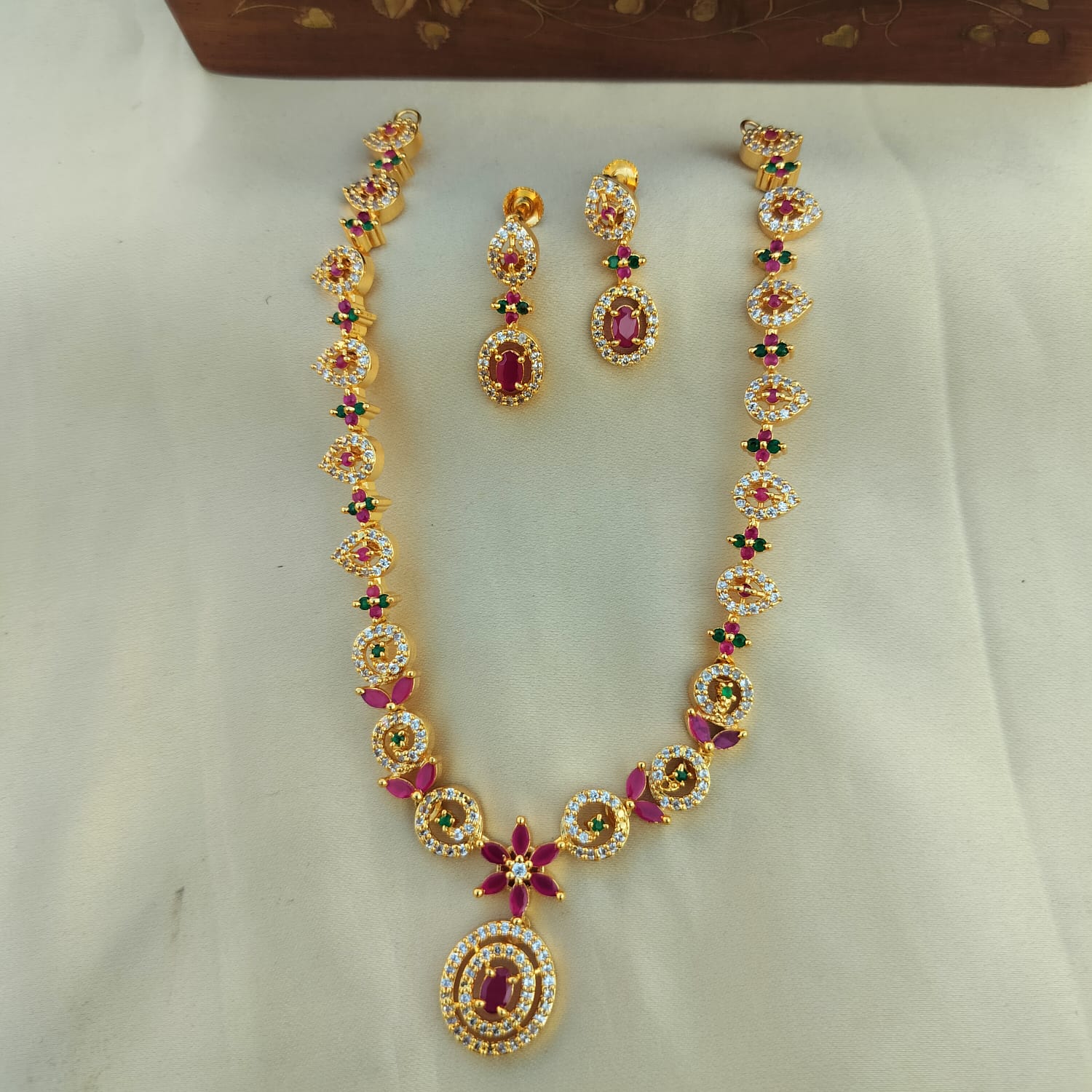 Oval Shape Pink and White CZ Stone Necklace