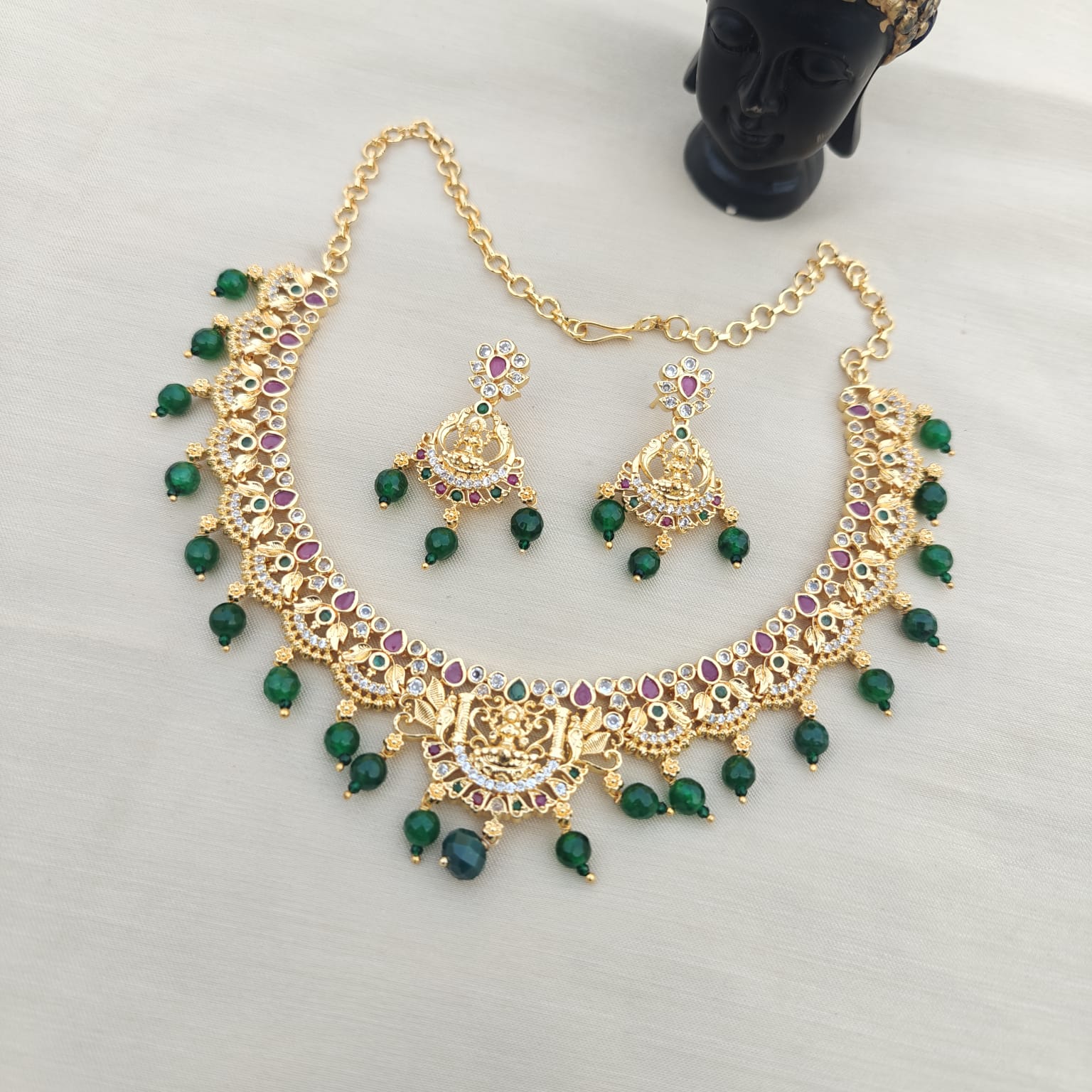 CZ Laxmi Necklace with Ruby Beads