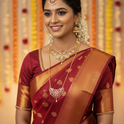 South Indian Bride with Ruby Pearl Panchaloha Studs