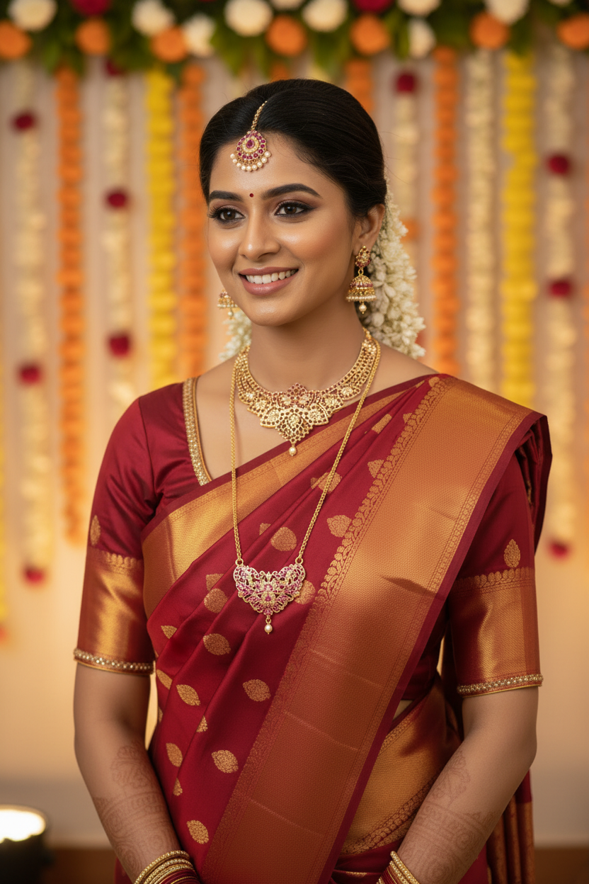 South Indian Bride with Ruby Pearl Panchaloha Studs